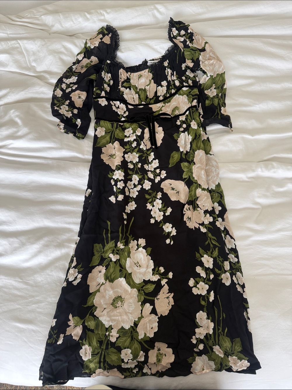 Reformation Black Midi Dress with Cream Floral Print and Green Leaves
